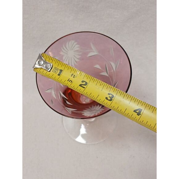 Murano Etched 1 Cocktail Cordial Glass Red 5" Barware Hand Blown Italy Antique - Picture 11 of 12